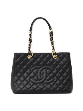 Chanel Gst Caviar Grand Shopping Tote Quilted Shoulder Bag Black Chain